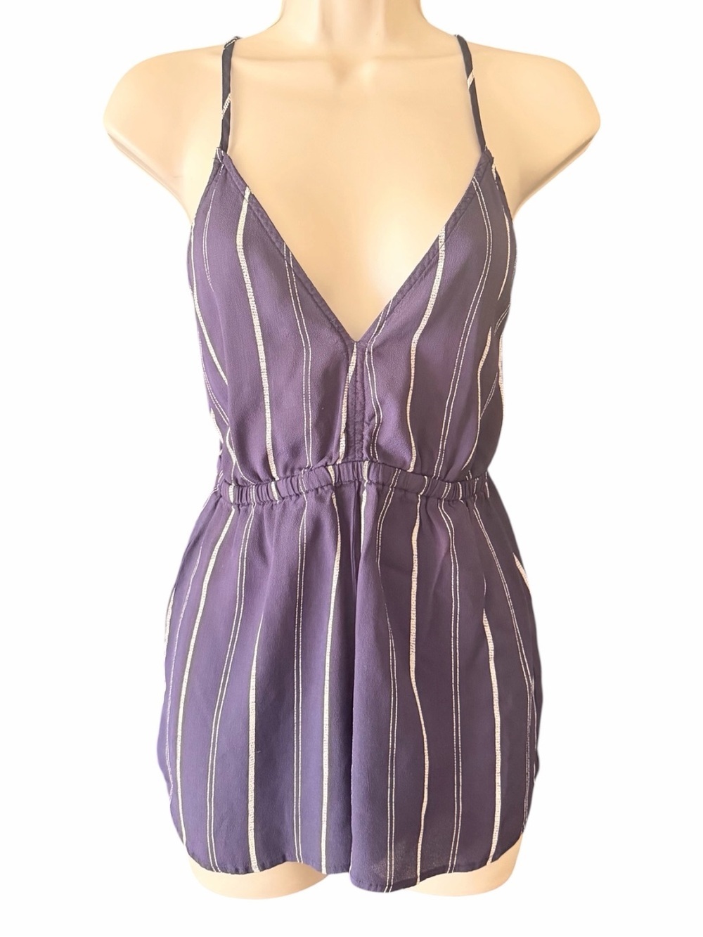Flynn Skye Women’s Navy White Striped V-Neck Backless Romper Small